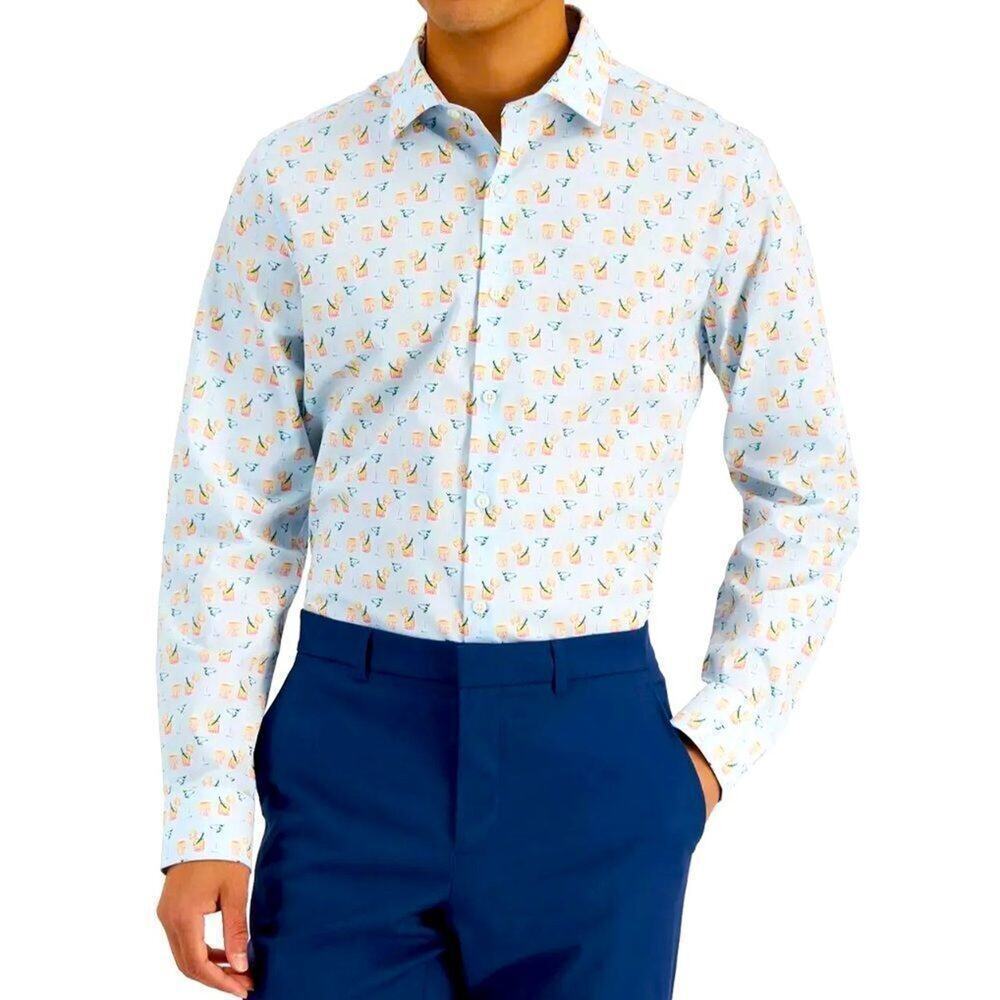 BAR III Blue Slim-Fit Long-Sleeve Cocktail-Print Dress Shirt Size Large MSRP $65